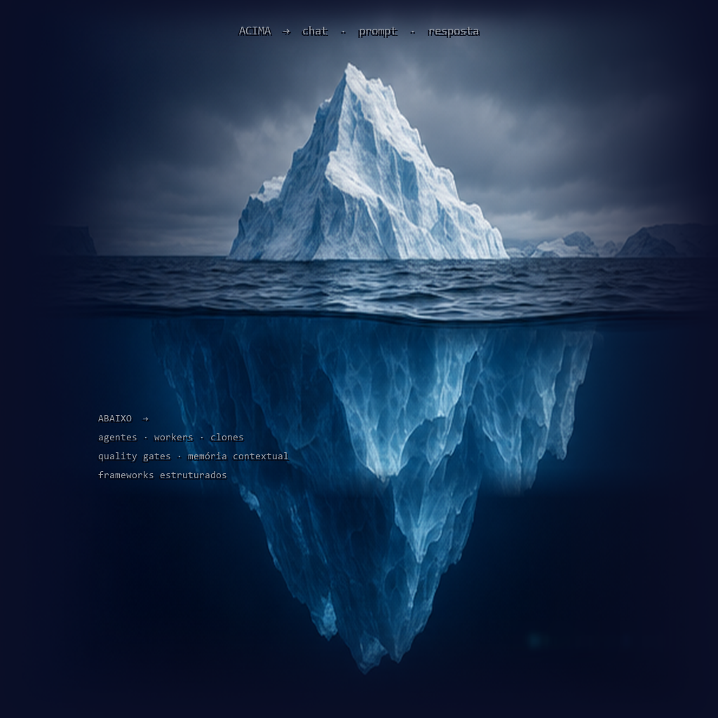 O iceberg da IA agêntica: acima a superfície do chat, abaixo a camada que trabalha